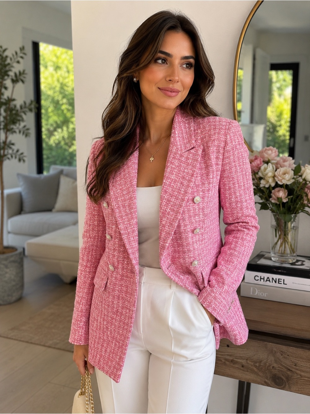 Elegant Pink Tweed Double-Breasted Blazer